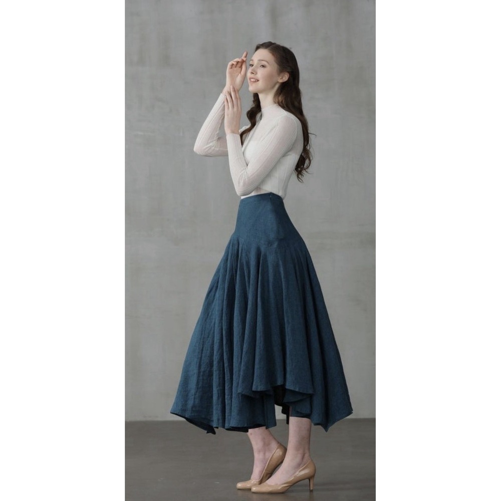 Linennaive Pleated Linen Assymetrical Skirt Blue Full Midi Cottagecore Womens M